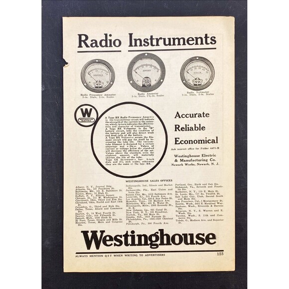 Westinghouse Radio Instruments "Accurate Reliable Economical" Vtg Print Ad 1923 - Picture 3 of 3